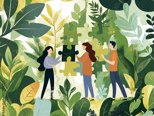 Obraz Team Collaboration Puzzle Piece Concept with Greenery Background