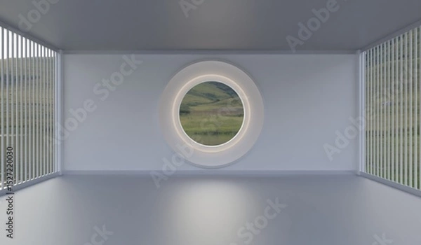 Obraz Room with natural background, through a circular glass, square room, beautiful view, 3D illustration