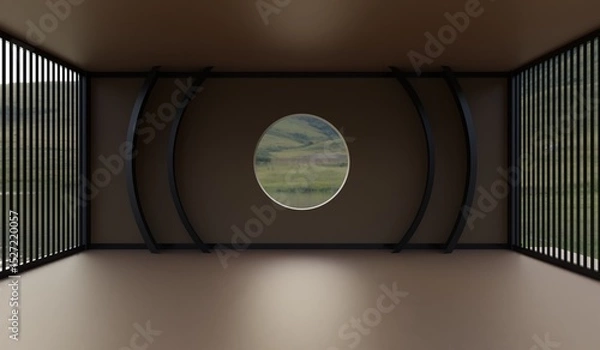Obraz Room with natural background, through a circular glass, square room, beautiful view, 3D illustration