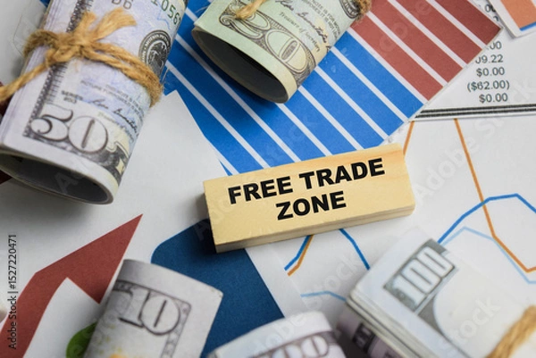 Obraz Concept of free trade zone. Wooden block with words free trade zone