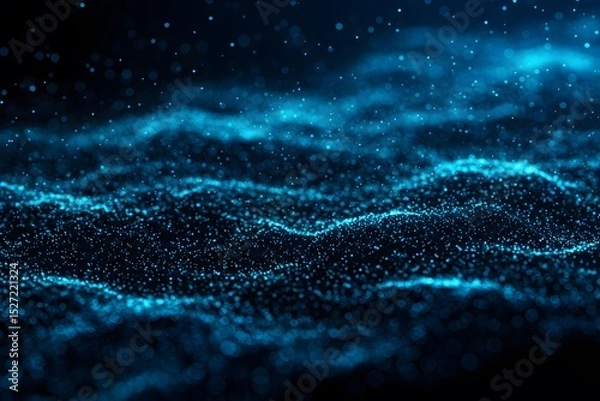 Obraz a futuristic data visualization, wallpaper, Abstract blue digital wave background with glowing particles. A digital abstract of flowing blue lines and dot-like structures, neon blue particles,