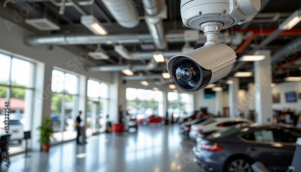 Fototapeta High tech surveillance camera in automotive dealership, ensuring security and monitoring activities in spacious environment