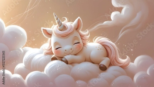 Fototapeta Sweet dreams little unicorn sleeping peacefully on fluffy clouds pure magic