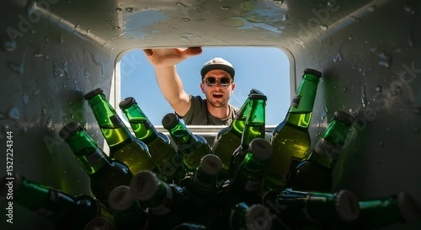 Obraz POV from inside a cooler full of beer bottles, a man in sunglasses and a cap reaching in under a sunny blue sky, shot with wide-angle lens for a fun summer vibe.