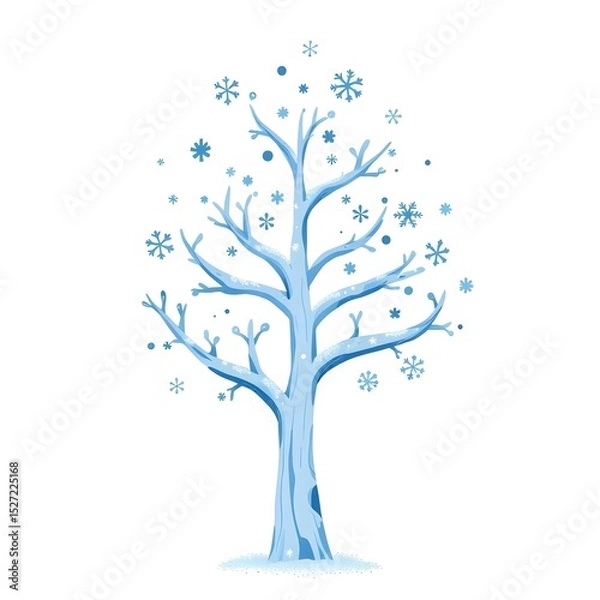 Obraz  illustration of a winter tree. The tree is decorated with snowflakes, icy patterns, and cool blue and white colors No leaves 