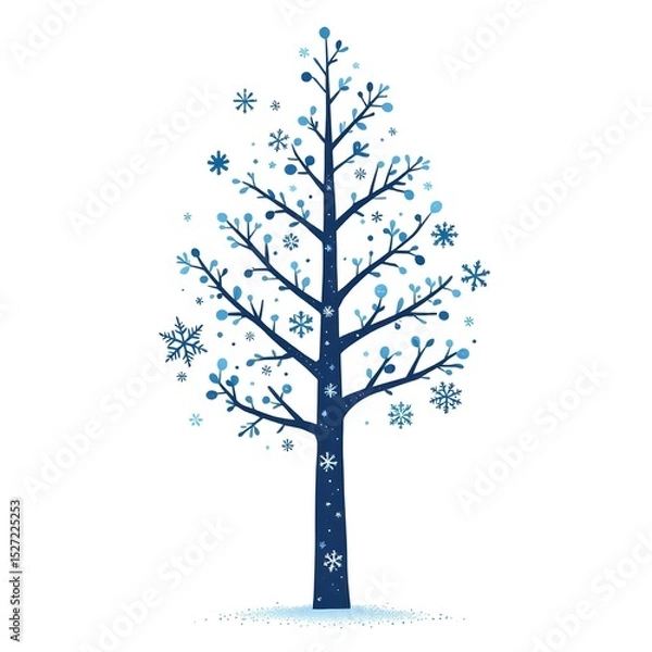 Obraz  illustration of a winter tree. The tree is decorated with snowflakes, icy patterns, and cool blue and white colors No leaves 