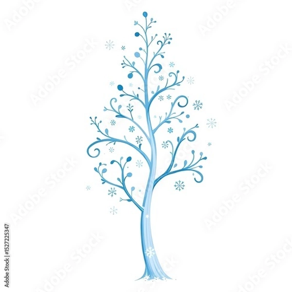 Obraz  illustration of a winter tree. The tree is decorated with snowflakes, icy patterns, and cool blue and white colors No leaves 