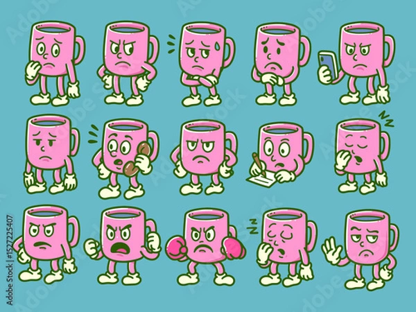 Fototapeta Cartoon Pink Mug Character Set with Expressions and Activities