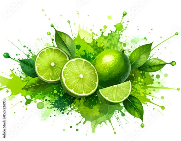 Fototapeta The image features a whole lime, slices of lime, and leaves arranged artistically against a backdrop of green watercolor splashes isolated on transparent background.