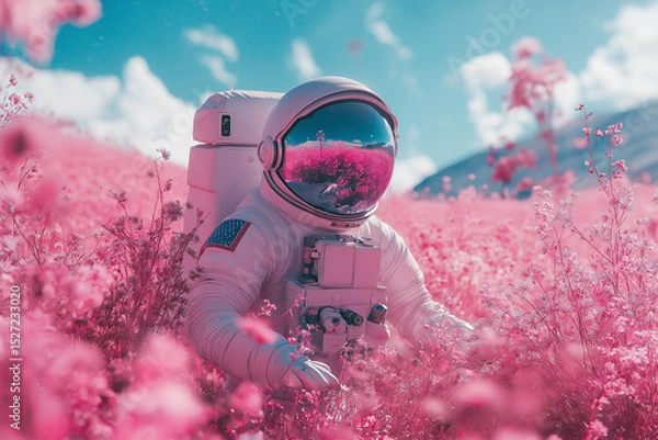 Fototapeta Astronaut in a dreamy field of pink flowers under soft light, blending space with nature’s beauty.