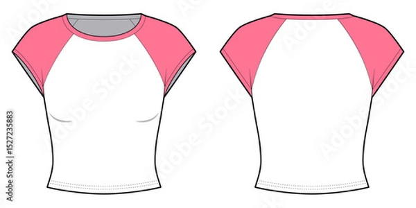 Fototapeta Color Contrast Slim Fit Short Sleeve Raglan T Round Neck- shirt- Front and Back View-Technical Illustration- CAD Vector illustration