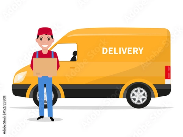 Fototapeta Vector illustration cartoon delivery man with carton box and a car. Isolated white background. Flat style. The concept of a business delivery service.