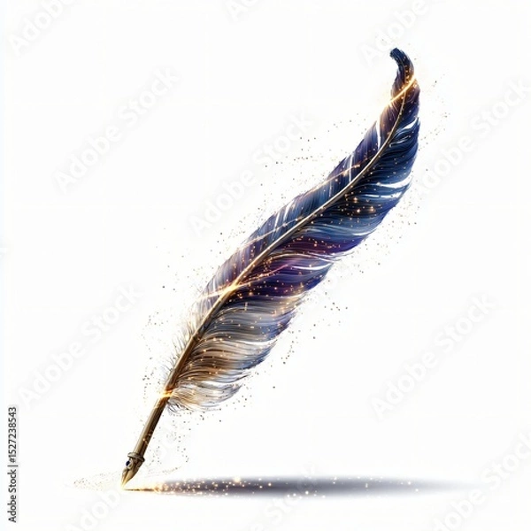 Fototapeta A stylized feather quill with laser light and small particles on a clean white background surface.