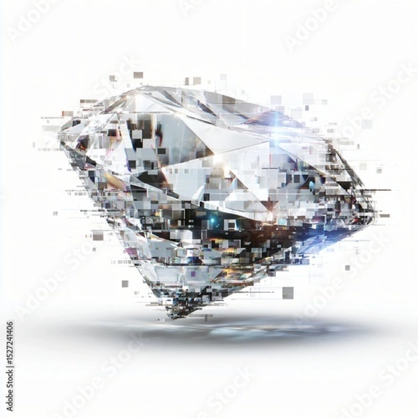 Fototapeta A radiant diamond shimmers, its facets fractured into digital pixel fragments, abstract style,