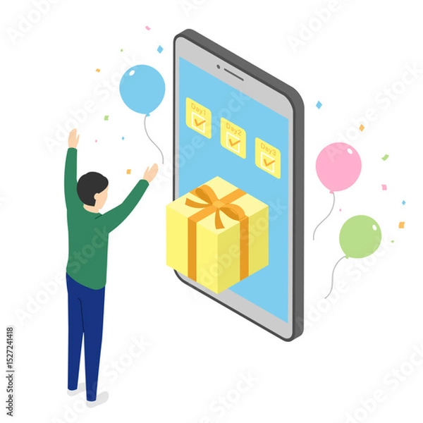 Fototapeta ログインボーナスに喜ぶ男性・アイソメトリック