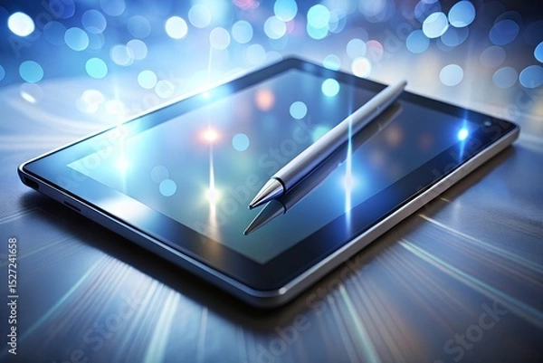 Fototapeta Digital tablet and stylus glowing under futuristic lighting representing creative technology