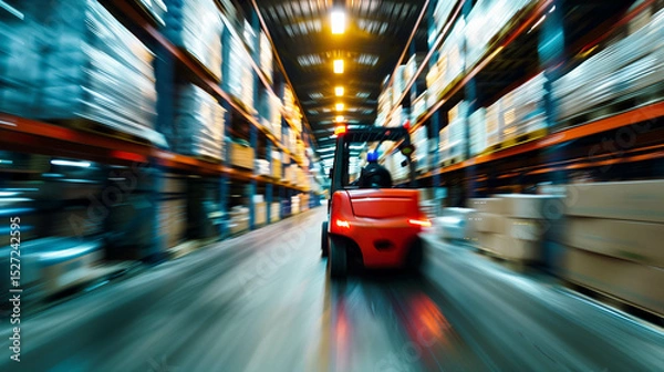 Obraz Forklift driving quickly through warehouse aisle with motion blur indicating speed