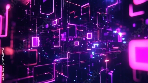 Fototapeta Abstract Digital Network: Neon Lightscape of Interconnected Cubes and Lines