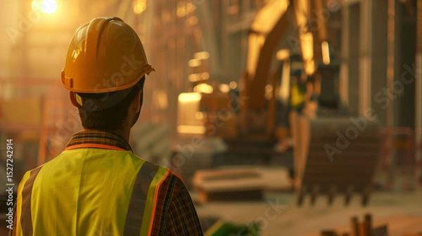 Obraz Construction worker in safety gear observing excavator operating inside industrial building site