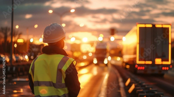 Obraz Road construction worker overseeing highway traffic under glowing sunset and safety lighting