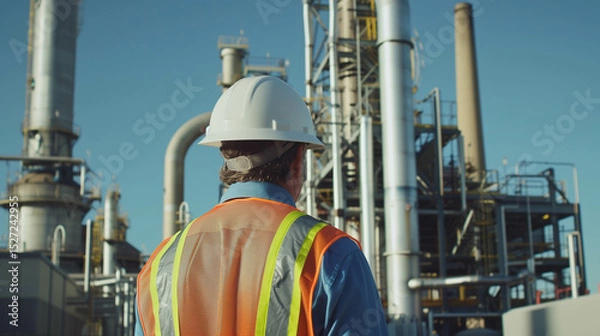 Obraz Industrial engineer in safety gear inspecting refinery infrastructure under clear daylight sky