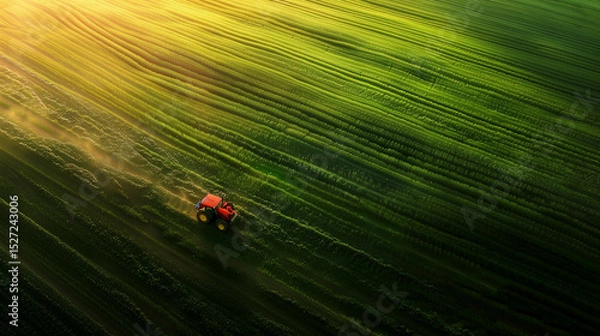Obraz Aerial view of red tractor plowing green farmland with dramatic shadows during golden hour
