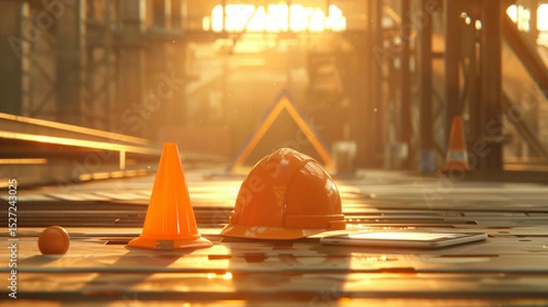 Obraz Close-up of construction safety equipment on site during sunrise with glowing light rays