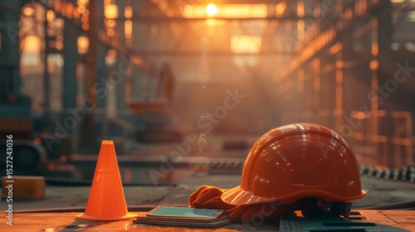 Obraz Close-up of construction safety equipment on site during sunrise with glowing light rays