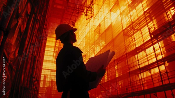 Obraz Silhouette of construction worker holding blueprints inside glowing structural framework at sunset
