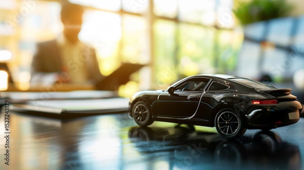 Obraz Black toy sports car on reflective office desk with blurred businessman in background