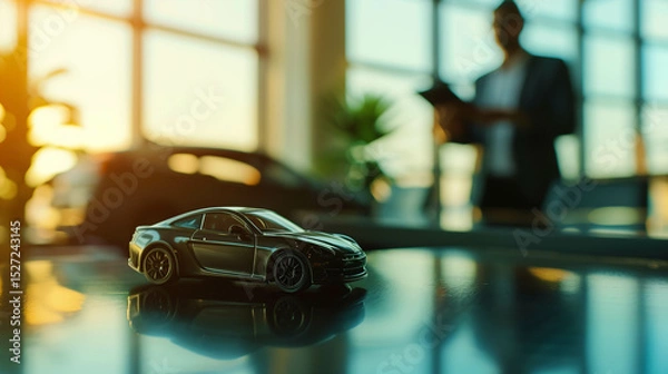 Obraz Black toy sports car on reflective office desk with blurred businessman in background