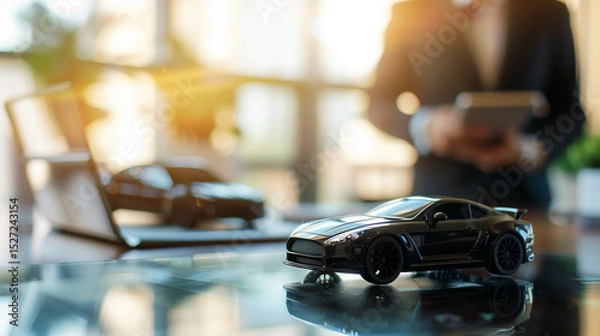 Obraz Black toy sports car on reflective office desk with blurred businessman in background