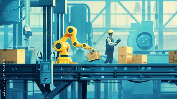 Fototapeta Illustrated smart factory with robotic arm and worker collaborating in automated production line