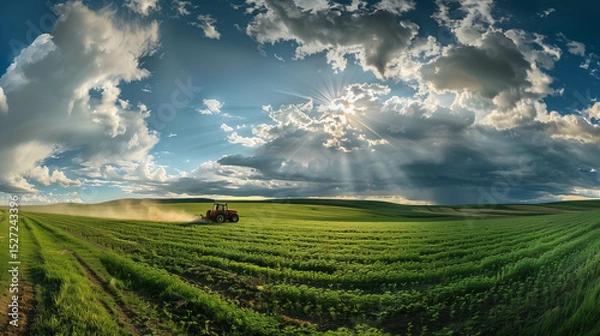 Obraz Scenic view of agricultural tractor on green farmland under dramatic cloudy sky