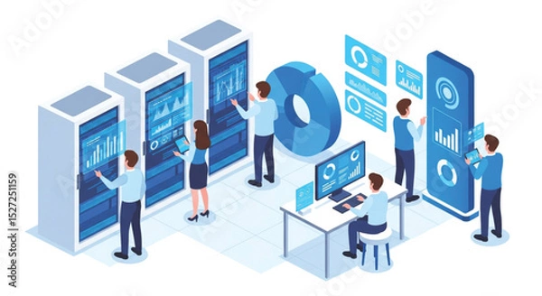 Fototapeta Data Center Visualization Concept High-Tech Monitoring Network Server Data Processing Specialists Analyzing Data Analytics Data Management and Database