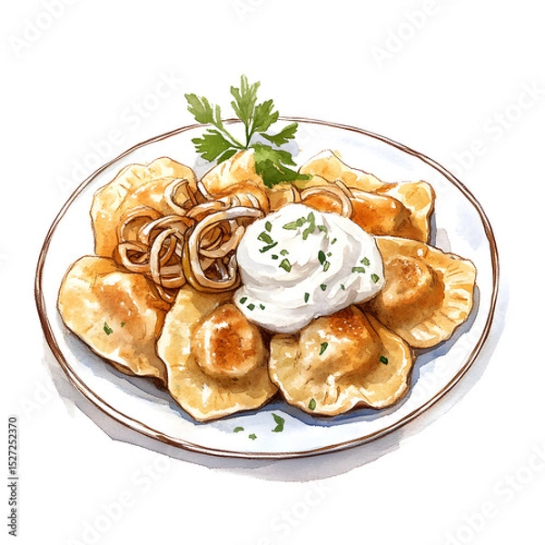 Fototapeta A cozy watercolor painting of a plate of golden pan-fried pierogi with caramelized onions, sour cream, and a sprig of parsley.