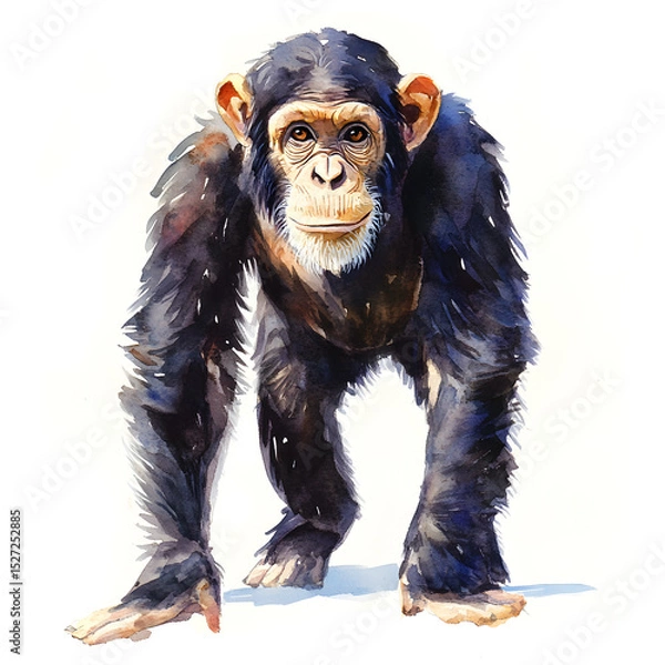 Fototapeta A watercolor illustration of a chimpanzee standing on its knuckles and looking directly at the viewer, set against a white background.