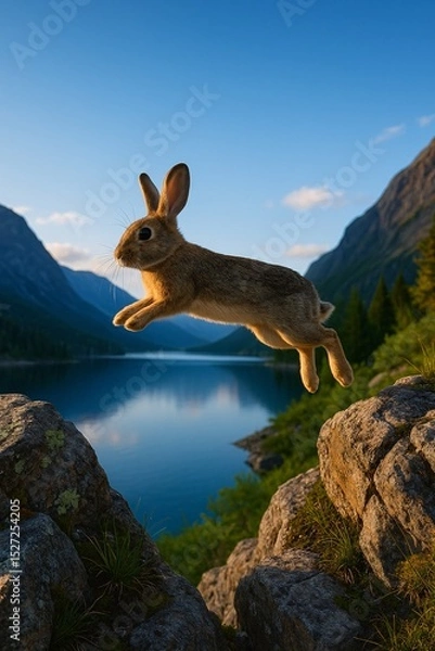 Fototapeta Energetic Rabbit Leaping Over Rocks with a Scenic Mountain Lake Background