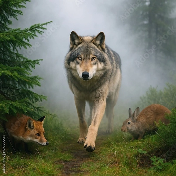 Fototapeta Majestic Wolf, Fox, and Rabbit in a Mystical, Foggy Forest