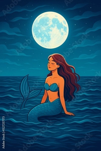 Fototapeta Serene Mermaid Under a Full Moon in the Dark Ocean