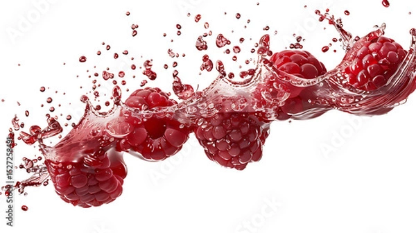 Fototapeta Raspberries in free fall with splashes of berry juice, isolated on white background