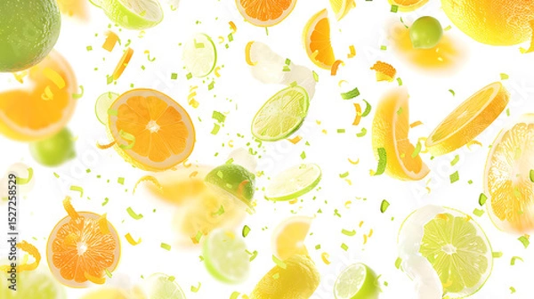 Fototapeta Mixed citrus fruits including lemon, lime, and grapefruit falling, isolated on white background