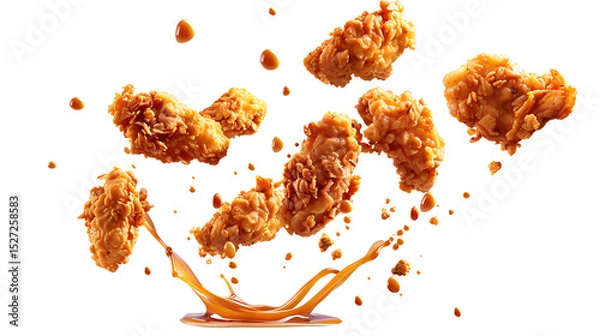 Fototapeta Fried chicken drumsticks falling with crispy texture and crumbs, isolated on white background