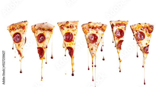 Fototapeta Various Sliced pepperoni pizza falling with melted cheese stretch, isolated on white background
