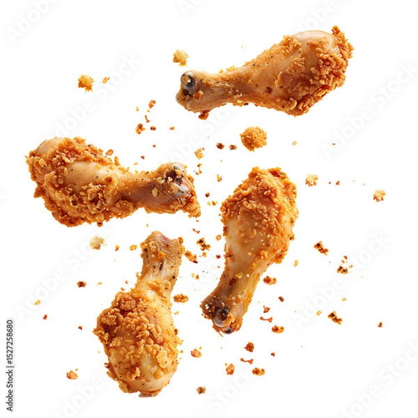 Fototapeta Fried chicken drumsticks falling with crispy texture and crumbs, isolated on white background