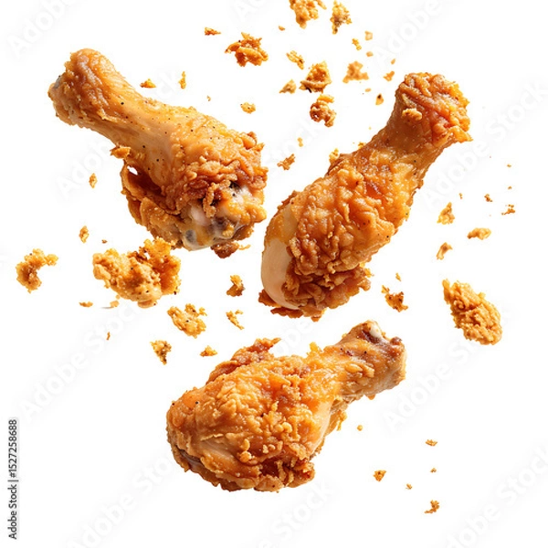 Fototapeta Fried chicken drumsticks falling with crispy texture and crumbs, isolated on white background