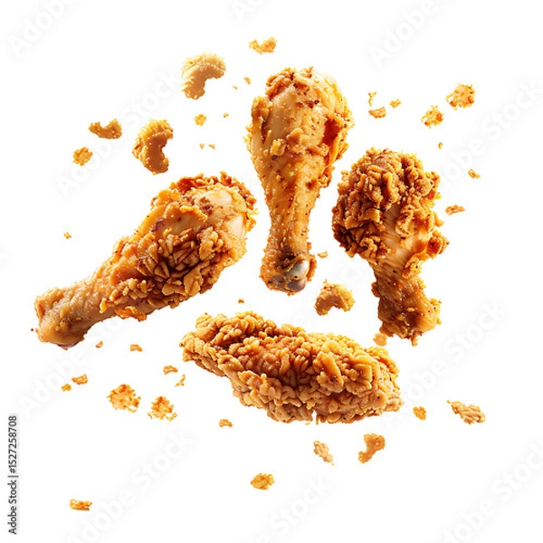 Fototapeta Fried chicken drumsticks falling with crispy texture and crumbs, isolated on white background