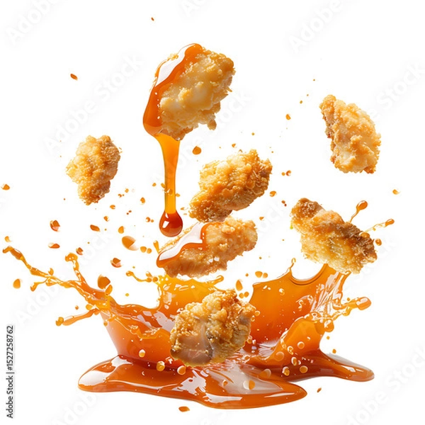 Fototapeta Chicken nuggets falling with sauce splashes, isolated on white background