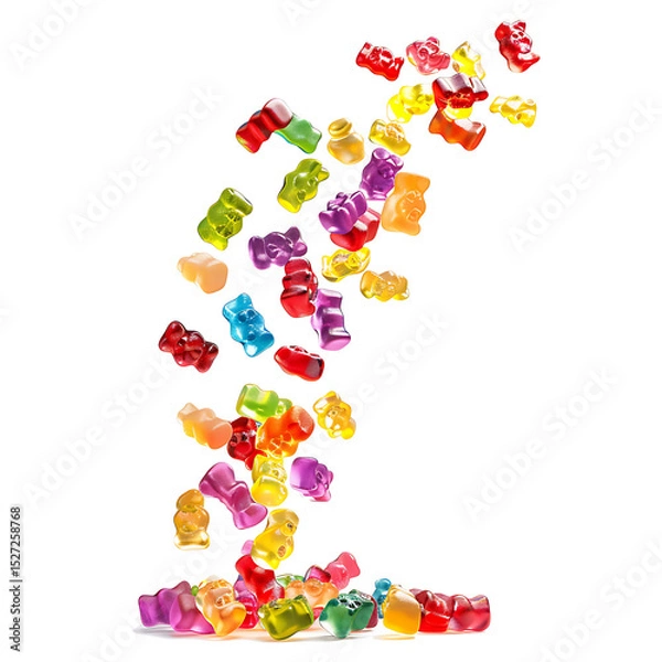 Fototapeta Colorful gummy bears falling mid-air, isolated on white background