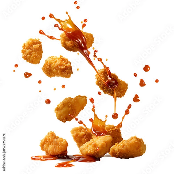 Fototapeta Chicken nuggets falling with sauce splashes, isolated on white background